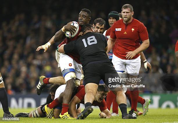 Yannick Nyanga of France in action during the 2015 Rugby World Cup Quarter Final match between New Zealand and France at the Millennium Stadium on...