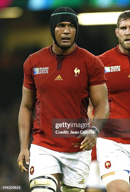 Thierry Dusautoir of France looks on during the 2015 Rugby World Cup Quarter Final match between New Zealand and France at the Millennium Stadium on...