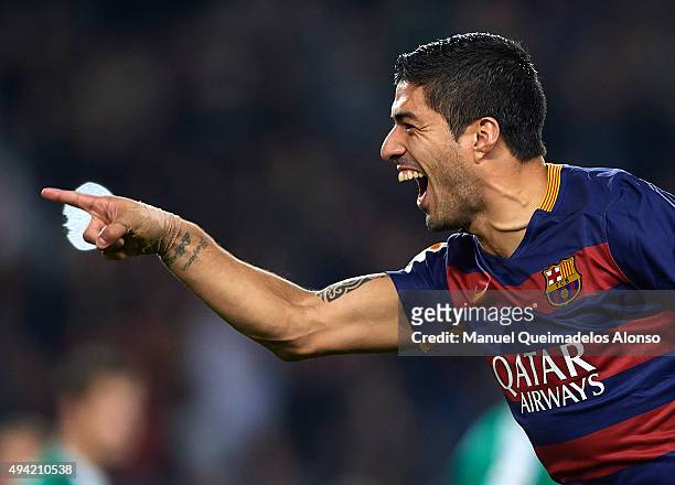 Suarez of Barcelona celebrates scoring his team's second goal during the La Liga match between FC Barcelona and SD Eibar at Camp Nou Stadium on...