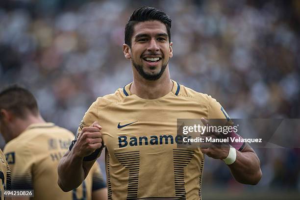 Eduardo Herrera of Pumas celebrates after scoring the first goal of his team during the 14th round match between Pumas UNAM and Chiapas as part of...