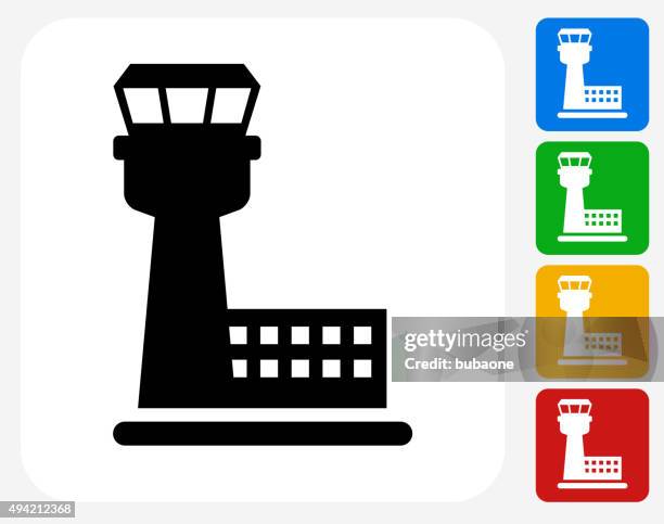 ilustraciones, imágenes clip art, dibujos animados e iconos de stock de torre de control de tráfico aéreo iconos planos de diseño gráfico - torre de control de circulación aérea