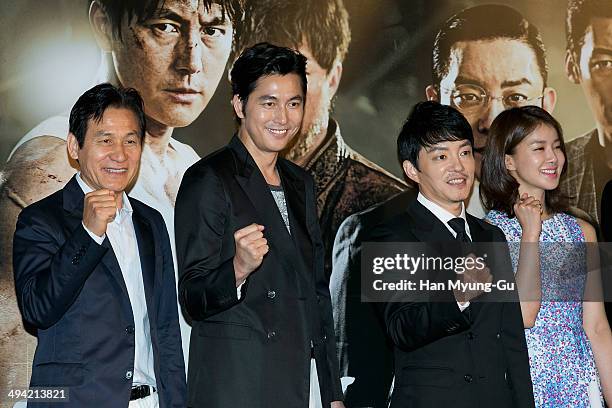 South Korean actors Ahn Sung-Ki, Jung Woo-Sung, Lee Bum-Soo and Lee Si-Young attend "The Divinemove" press conference at MEGA Box on May 28, 2014 in...