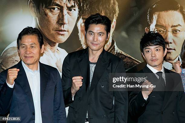 South Korean actors Ahn Sung-Ki, Jung Woo-Sung and Lee Bum-Soo attend "The Divinemove" press conference at MEGA Box on May 28, 2014 in Seoul, South...