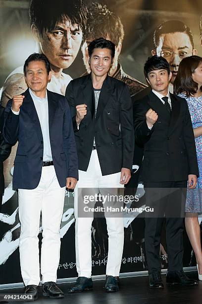South Korean actors Ahn Sung-Ki, Jung Woo-Sung and Lee Bum-Soo attend "The Divinemove" press conference at MEGA Box on May 28, 2014 in Seoul, South...