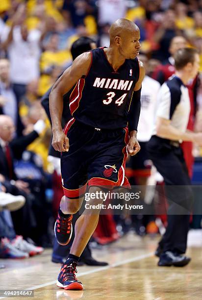 Ray Allen of the Miami Heat reacts after making a three pointer against the Indiana Pacers during Game Five of the Eastern Conference Finals of the...