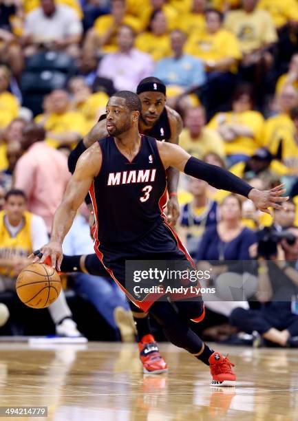 Dwyane Wade of the Miami Heat brings the ball up the floor against the Indiana Pacers during Game Five of the Eastern Conference Finals of the 2014...