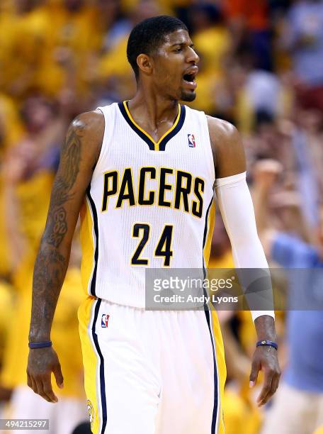 Paul George of the Indiana Pacers reacts against the Miami Heat during Game Five of the Eastern Conference Finals of the 2014 NBA Playoffs at Bankers...