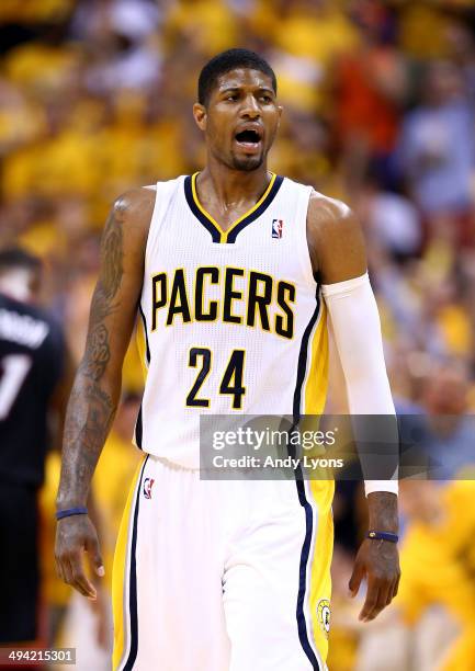 Paul George of the Indiana Pacers reacts against the Miami Heat during Game Five of the Eastern Conference Finals of the 2014 NBA Playoffs at Bankers...