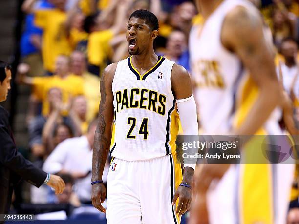 Paul George of the Indiana Pacers reacts against the Miami Heat during Game Five of the Eastern Conference Finals of the 2014 NBA Playoffs at Bankers...