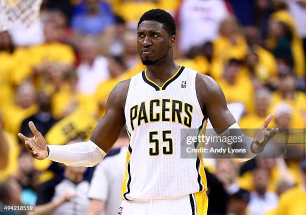 Roy Hibbert of the Indiana Pacers reacts against the Miami Heat during Game Five of the Eastern Conference Finals of the 2014 NBA Playoffs at Bankers...