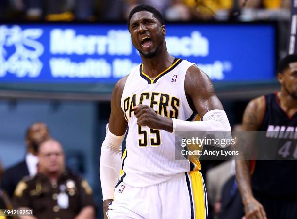 Roy Hibbert of the Indiana Pacers reacts against the Miami Heat during Game Five of the Eastern Conference Finals of the 2014 NBA Playoffs at Bankers...