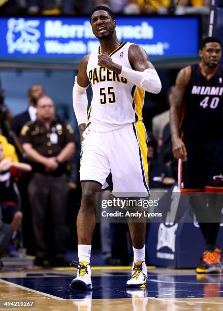 Roy Hibbert of the Indiana Pacers reacts against the Miami Heat during Game Five of the Eastern Conference Finals of the 2014 NBA Playoffs at Bankers...