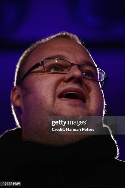 Kim Dotcom speaks during a press conference announcing former leader of the Alliance Party, Laila Harre as leader of the Internet Party at the...