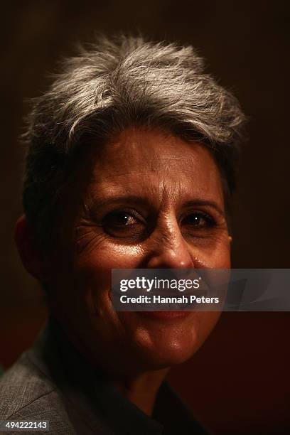 Former leader of the Alliance Party, Laila Harre poses for a photo after being announced as leader of the Internet Party at the Langham Hotel on May...