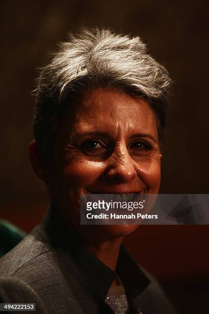 Former leader of the Alliance Party, Laila Harre poses for a photo after being announced as leader of the Internet Party at the Langham Hotel on May...