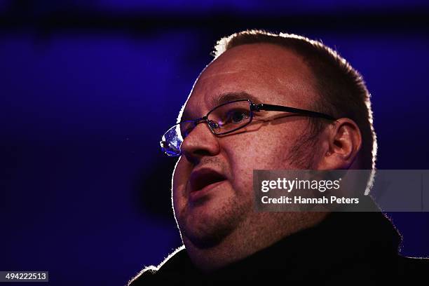 Kim Dotcom speaks during a press conference announcing former leader of the Alliance Party, Laila Harre as leader of the Internet Party at the...