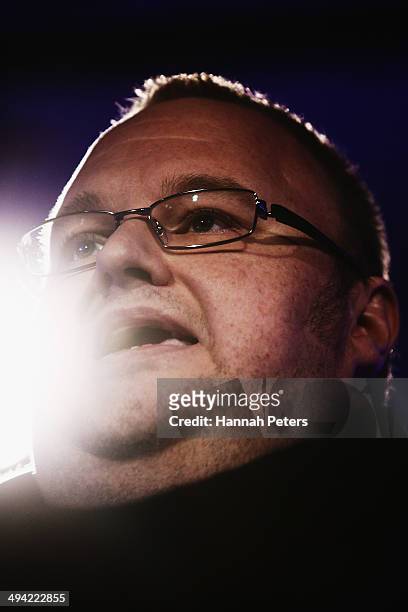 Kim Dotcom speaks during a press conference announcing former leader of the Alliance Party, Laila Harre as leader of the Internet Party at the...