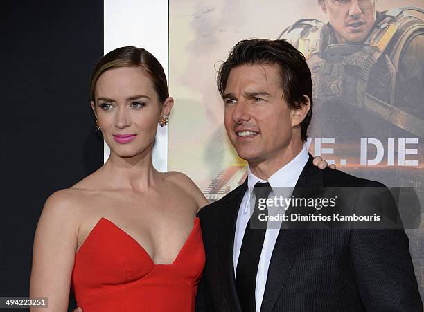 Actors Emily Blunt and Tom Cruise attend the "Edge Of Tomorrow" red carpet repeat fan premiere tour at AMC Loews Lincoln Square on May 28, 2014 in...