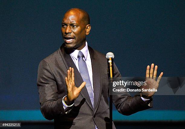 Tyrese Gibson speaks onstage at the first annual Poetic Justice Fundraiser for the Coalition For Engaged Education at the Herb Alpert Educational...