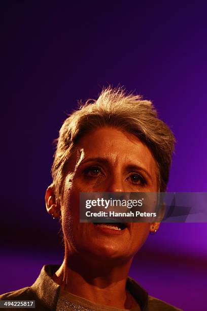 Former leader of the Alliance Party, Laila Harre speaks as leader of the Internet Party at the Langham Hotel on May 29, 2014 in Auckland, New...