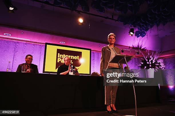 Former leader of the Alliance Party, Laila Harre speaks as leader of the Internet Party at the Langham Hotel on May 29, 2014 in Auckland, New...