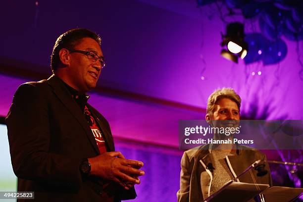 Mana Party leader Hone Harawira speaks with Laila Harre during a press conference announcing former leader of the Alliance Party, Laila Harre as...