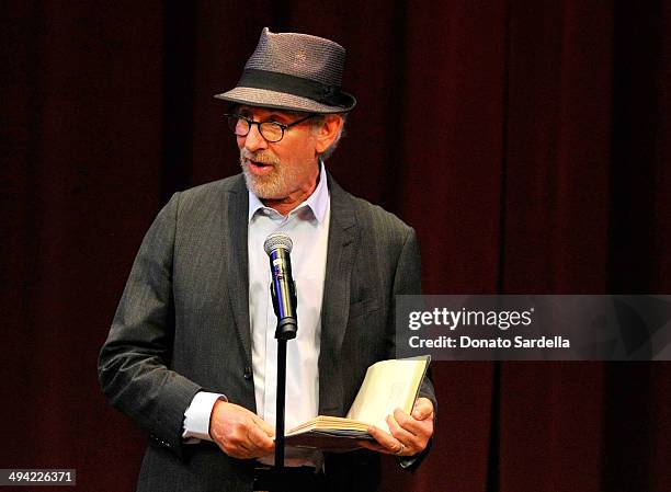 Director Steven Spielberg speaks onstage at the first annual Poetic Justice Fundraiser for the Coalition For Engaged Education at the Herb Alpert...