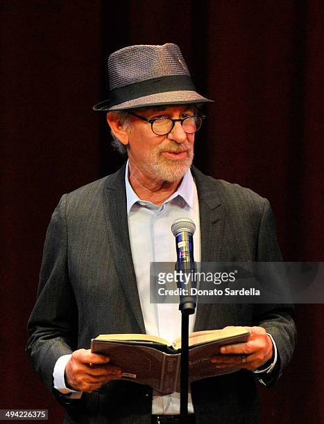 Director Steven Spielberg speaks onstage at the first annual Poetic Justice Fundraiser for the Coalition For Engaged Education at the Herb Alpert...