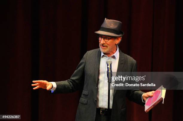 Director Steven Spielberg speaks onstage at the first annual Poetic Justice Fundraiser for the Coalition For Engaged Education at the Herb Alpert...