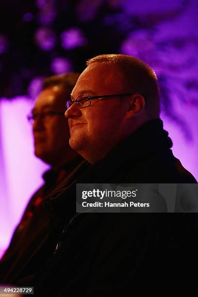 Kim Dotcom speaks during a press conference announcing former leader of the Alliance Party, Laila Harre as leader of the Internet Party at the...