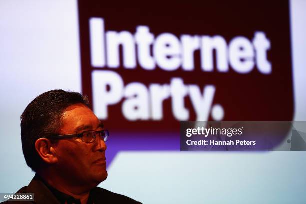 Mana Party leader Hone Harawira listens as Laila Harre speaks during a press conference announcing former leader of the Alliance Party, Laila Harre...