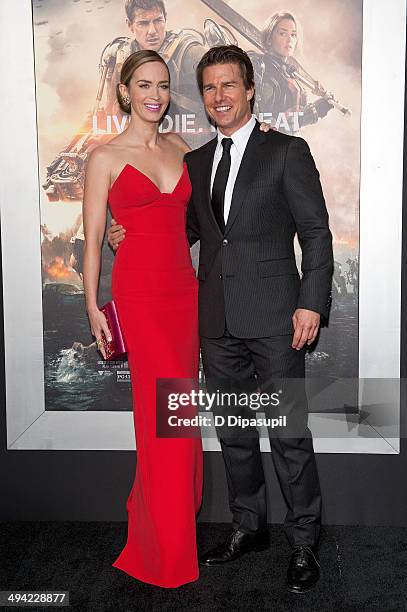 Emily Blunt and Tom Cruise attend the "Edge Of Tomorrow" red carpet repeat fan premiere tour at AMC Loews Lincoln Square on May 28, 2014 in New York...