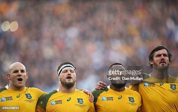 Stephen Moore, James Slipper, Sekope Kepu and Kane Douglas of Australia sing the national anthem prior to the 2015 Rugby World Cup Semi Final match...