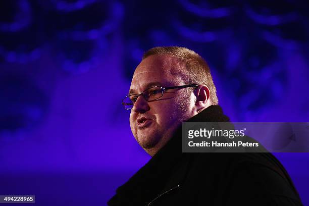 Kim Dotcom speaks during a press conference announcing former leader of the Alliance Party, Laila Harre as leader of the Internet Party at the...