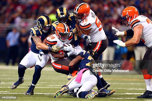 Duke Johnson of the Cleveland Browns is tackled in the second quarter against the St. Louis Rams at the Edward Jones Dome on October 25, 2015 in St....