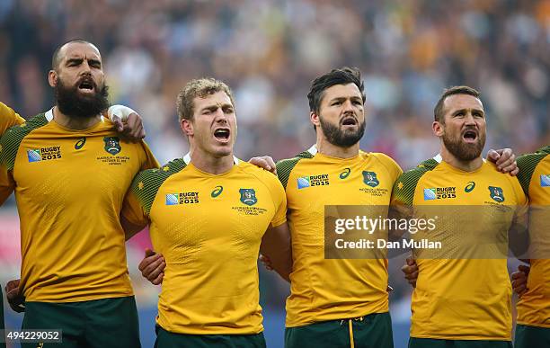 Scott Fardy, David Pocock, Adam Ashley-Cooper and Matt Giteau of Australia sing the national anthem prior to the 2015 Rugby World Cup Semi Final...