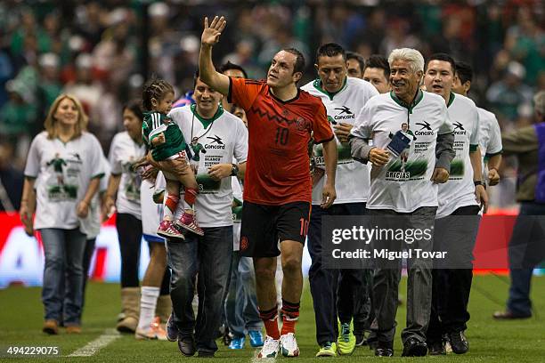 Cuauhtemoc Blanco waves in his national soccer team farewell ceremony during a FIFA friendly match between Mexico and Israel ahead the beginning of...
