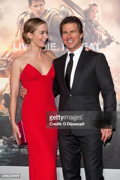 Emily Blunt and Tom Cruise attend the "Edge Of Tomorrow" red carpet repeat fan premiere tour at AMC Loews Lincoln Square on May 28, 2014 in New York...