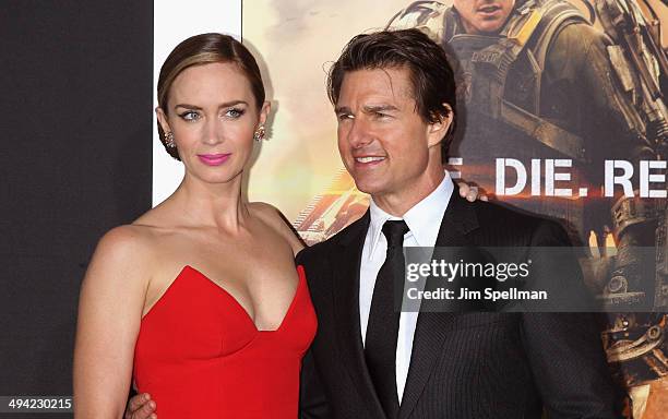 Actors Emily Blunt and Tom Cruise attend the "Edge Of Tomorrow" red carpet repeat fan premiere tour at AMC Loews Lincoln Square on May 28, 2014 in...