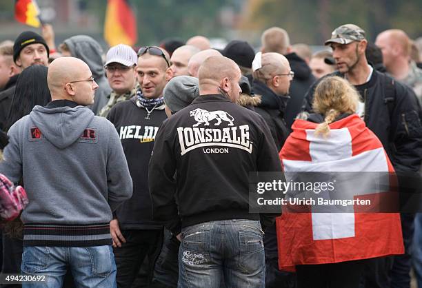 Hooligans against Salafists. Nazi march at the Hogesa-demonstration in Cologne.Switzerland is also represented.