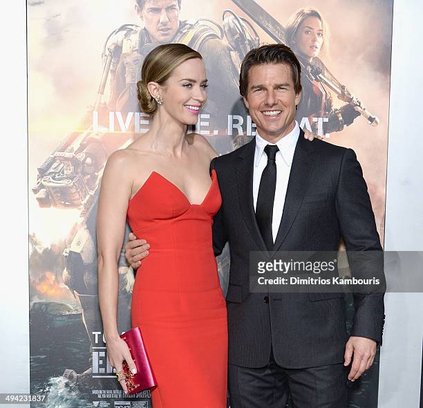 Actors Emily Blunt and Tom Cruise attend the "Edge Of Tomorrow" red carpet repeat fan premiere tour at AMC Loews Lincoln Square on May 28, 2014 in...