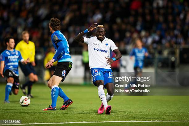 Alhaji Kamara reacts during the IFK Norrkoping vs Halmstad BK - Allsvenskan match at Nya Parken on October 25, 2015 in Norrkoping, Sweden.