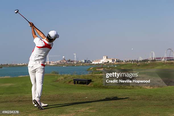 Takumi Kanaya of Japan tees off. During the fourth round of the 27th Nomura Cup/Asia-Pacific Amateur Golf Team Championship at Yas Links Golf Course...