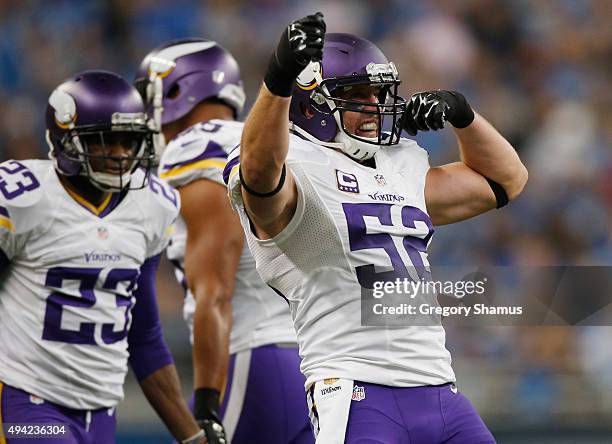 Chad Greenway of the Minnesota Vikings celebrates a teammates third quarter sack while playing the Detroit Lions at Ford Field on October 25, 2015 in...