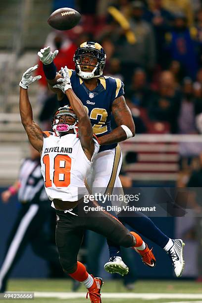 Trumaine Johnson of the St. Louis Rams breaks up a pass intended for Taylor Gabriel of the Cleveland Browns in the fourth quarter at the Edward Jones...