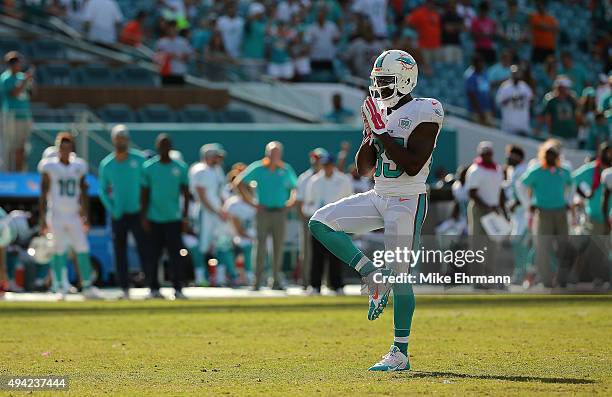 Greg Jennings of the Miami Dolphins looks on during a game against the Houston Texans at Sun Life Stadium on October 25, 2015 in Miami Gardens,...