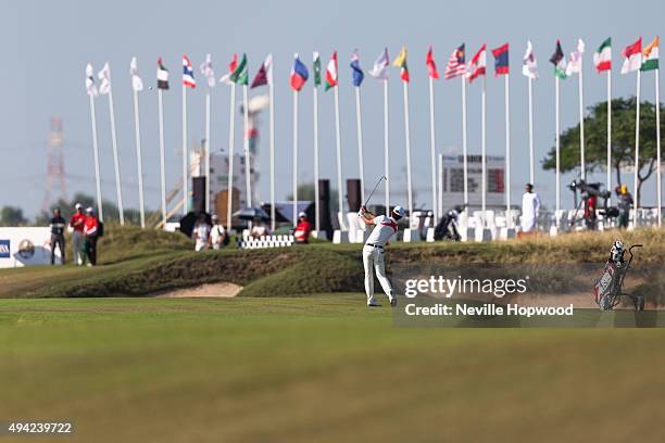 Daisuke Matsubara from Japan chips to the 18th green during the fourth round of the 27th Nomura Cup/Asia-Pacific Amateur Golf Team Championship at...