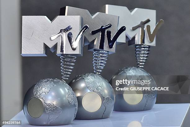 Picture shows MTV trophies in the photo room of the 2015 MTV Europe Music Awards at Mediolanum Forum on October 25, 2015 in Milan. AFP PHOTO /...
