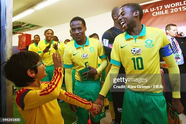 Players of South Africa sing in the tunnel prior to the FIFA U-17 World Cup Chile 2015 Group E match between Russia and South Africa at Estadio...