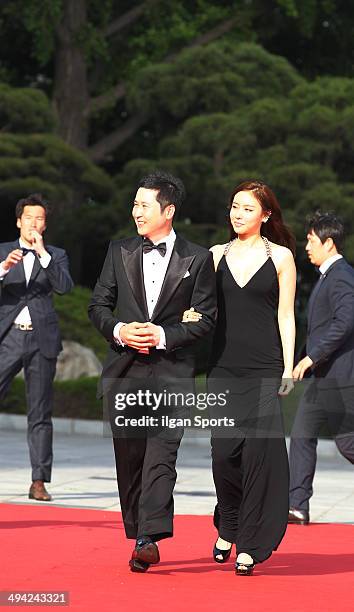 Shin Dong-Yeop and Kim A-Joong attend the 50th Paeksang Arts Awards at Grand Peace Palace in Kyung Hee University on May 27, 2014 in Seoul, South...